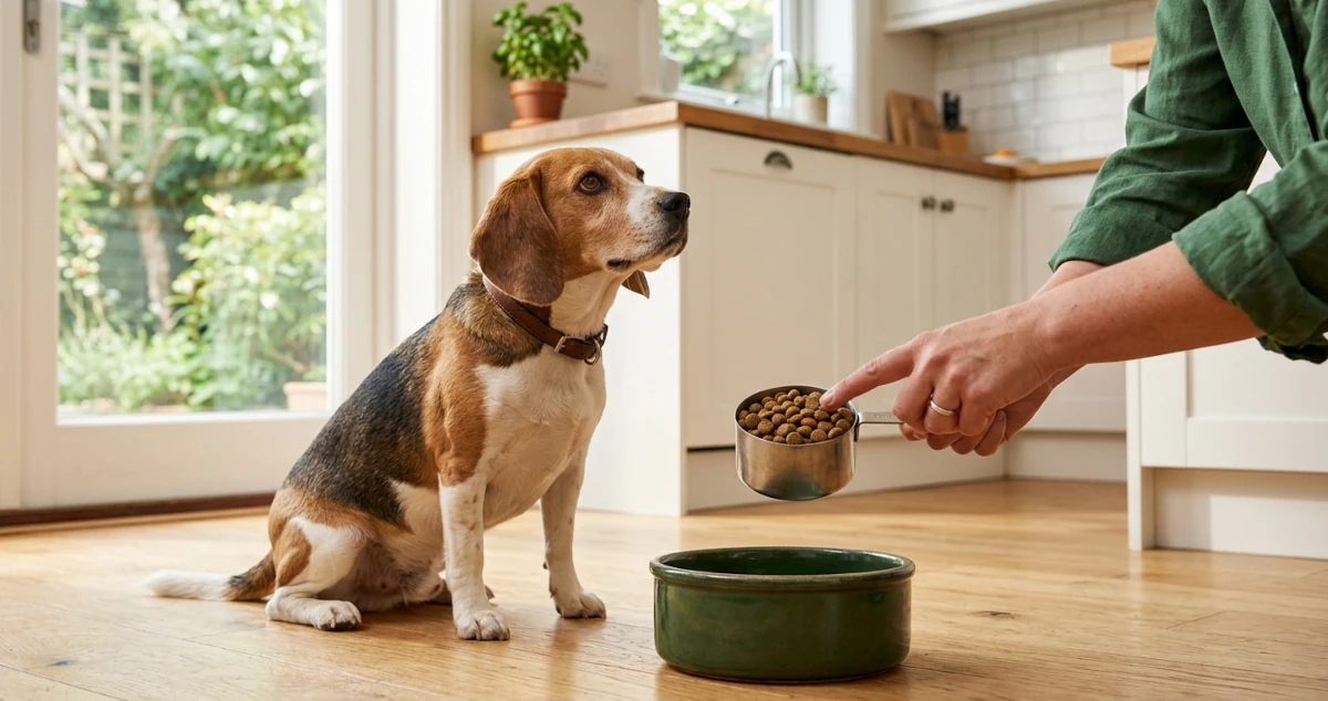 A 20-pound beagle-mix dog sitting beside its bowl while a person levels a measuring cup of kibble