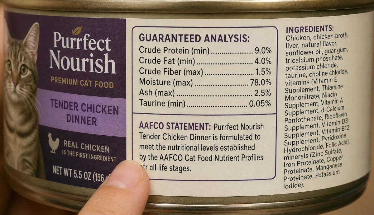 Close-up of a cat food can label highlighting the AAFCO nutritional adequacy statement and guaranteed analysis panel