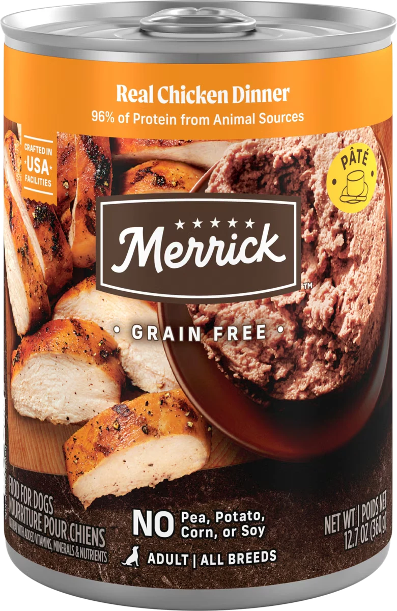 Can of Merrick Grain-Free chicken pâté wet dog food