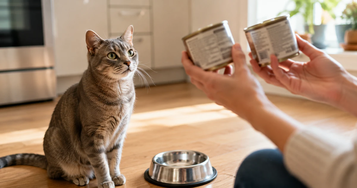 A cat sitting beside a stainless steel food bowl while a person's hands compare two cat food labels in soft natural kitchen light