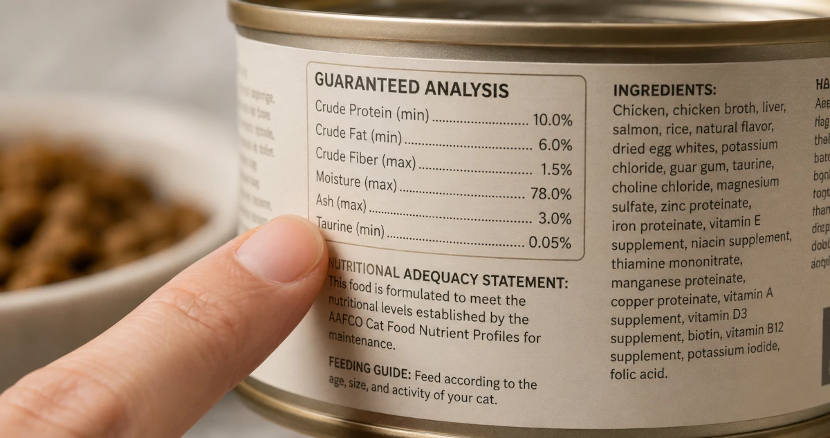 Close-up of a cat food can label with a finger pointing at the guaranteed analysis panel and AAFCO nutritional adequacy statement