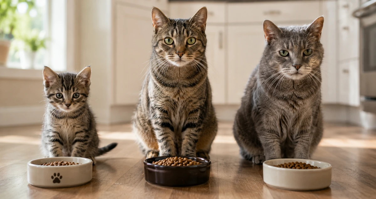 A kitten, an adult cat, and a senior cat sitting side by side near three separate food bowls