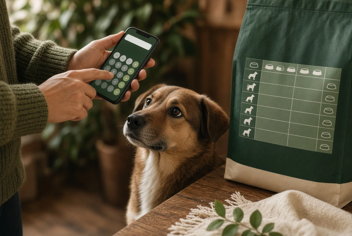 A person comparing a smartphone feeding calculator against a printed dog food bag chart