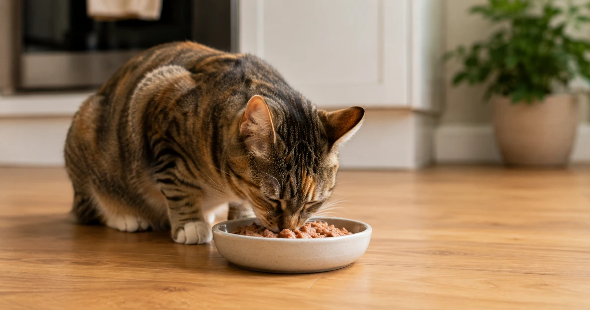 A cat eating wet food from a bowl in a home kitchen