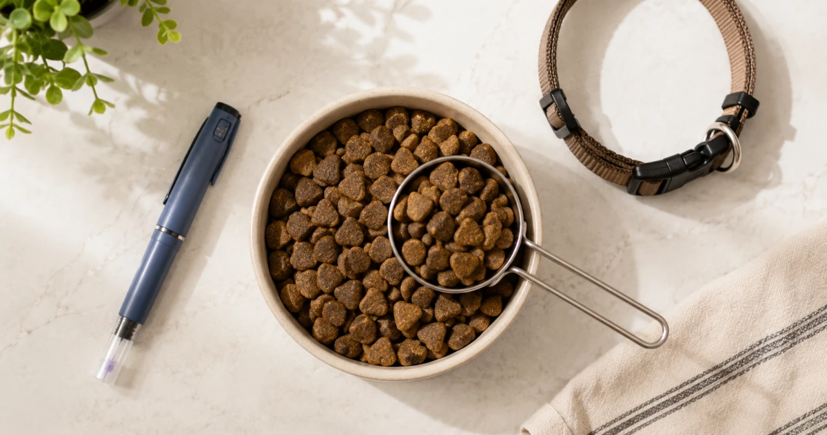 A measured bowl of high-fiber kibble on a kitchen counter next to an insulin pen for a diabetic dog