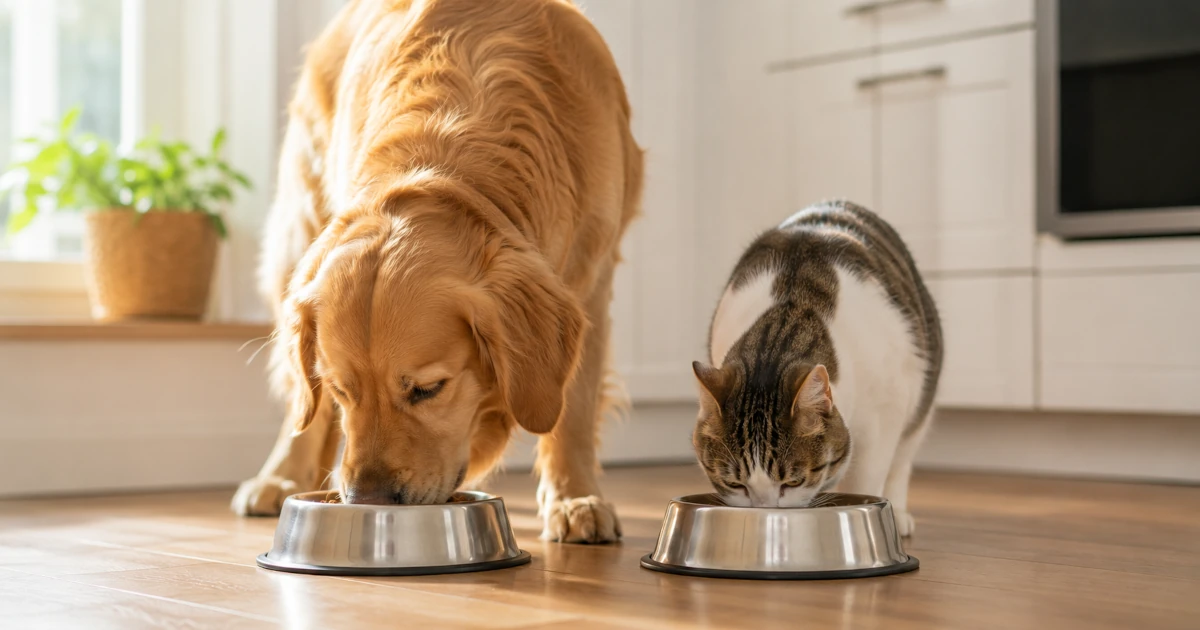 A dog and cat eating from separate bowls at a consistent mealtime in a home kitchen