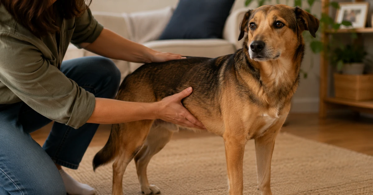 A person checking a dog's body condition by feeling its ribcage and waist at home