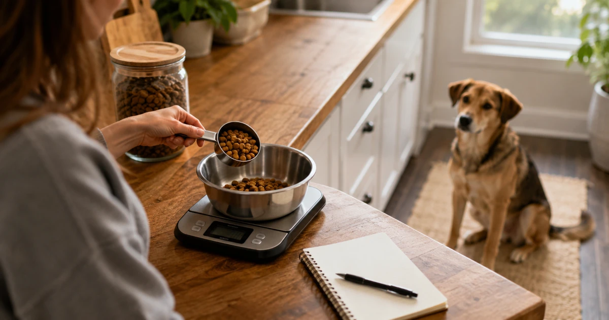 A person weighing dry dog food on a kitchen scale with a notepad nearby while a dog waits close by