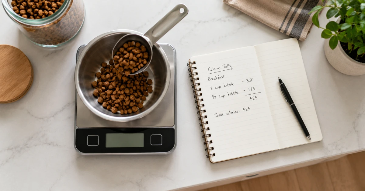 Overhead view of a kitchen scale weighing dog kibble next to a notebook used to track daily calories