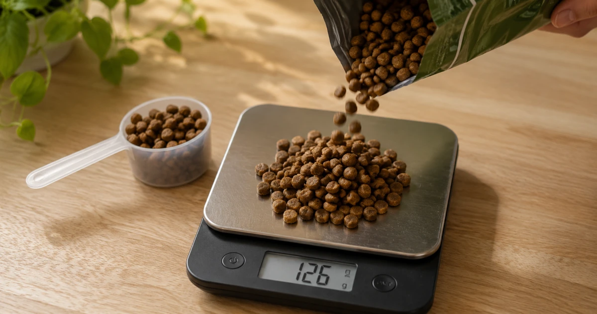 Dry dog food being weighed on a digital kitchen scale next to a measuring scoop
