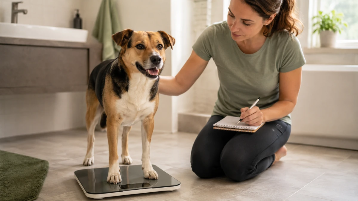 A person weighing their dog and logging the result in a notebook