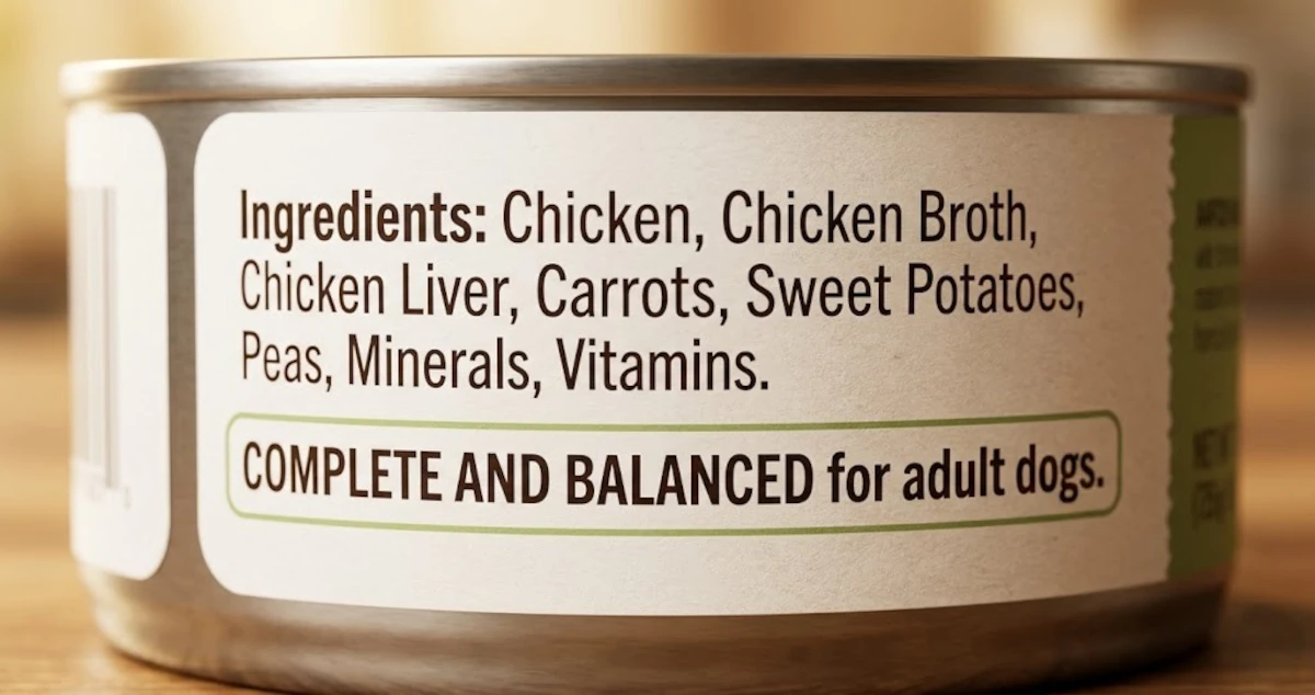 Close-up of a dog food can label highlighting the AAFCO nutritional adequacy statement