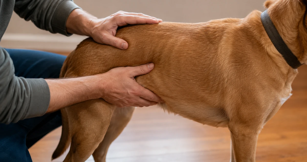 Hands palpating a dog's ribcage and waist to assess body condition score.