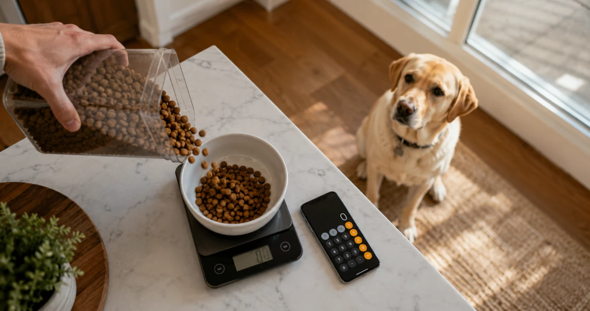 Dog owner weighing dry kibble on a digital kitchen scale next to a phone showing a dry food calculator, with a dog waiting nearby.