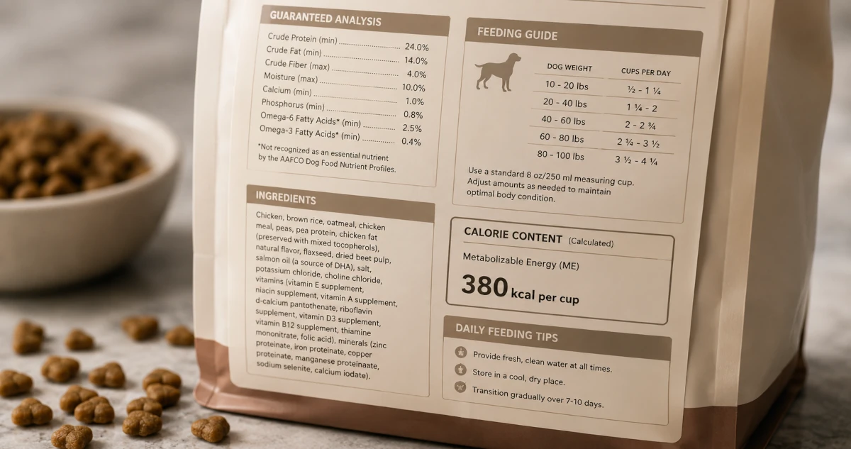 Close-up of a dry dog food bag's nutrition label showing the calorie content per cup.