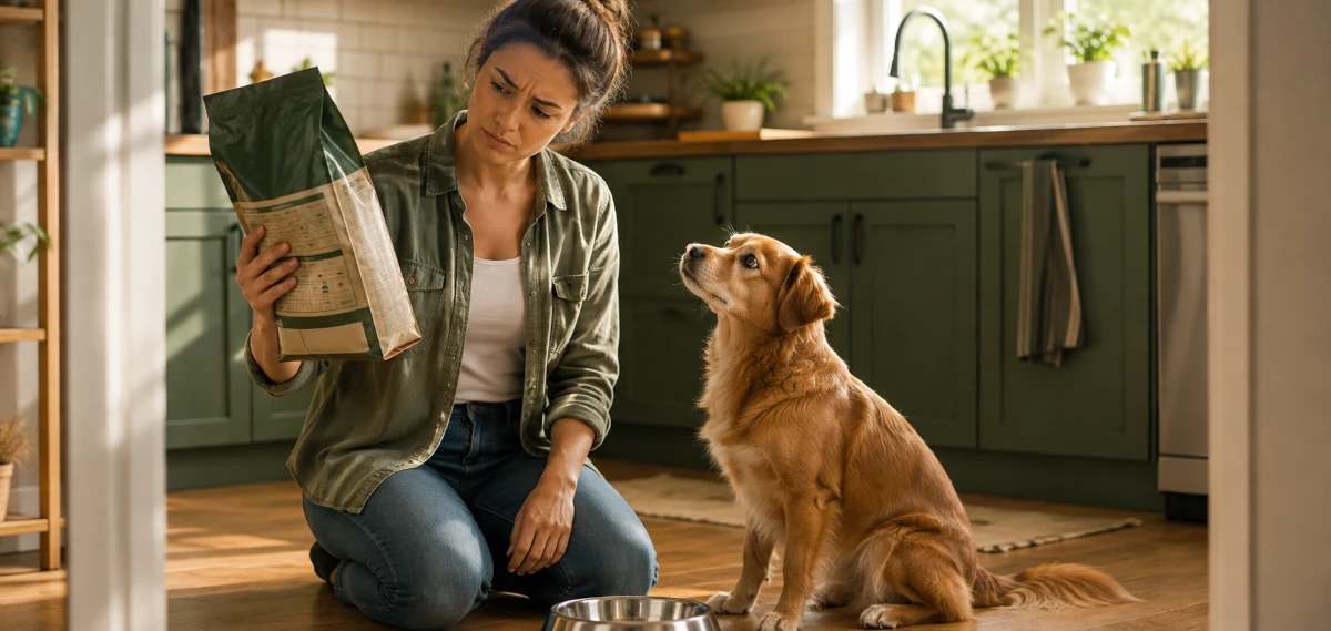 A dog owner reading the feeding chart on a dog food bag while a dog waits by its empty bowl
