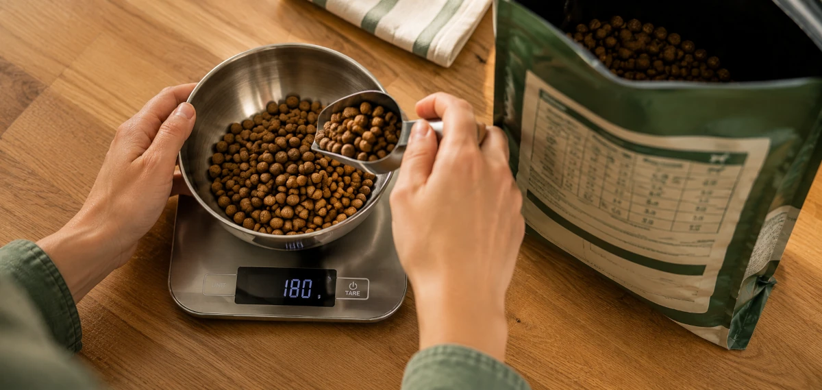 Dry dog food being weighed on a digital kitchen scale next to the bag's printed feeding chart