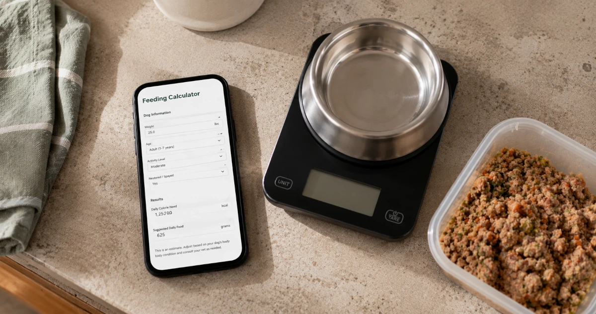 A phone showing a fresh dog food calculator app being filled in, next to a kitchen scale and a portioned container of fresh dog food