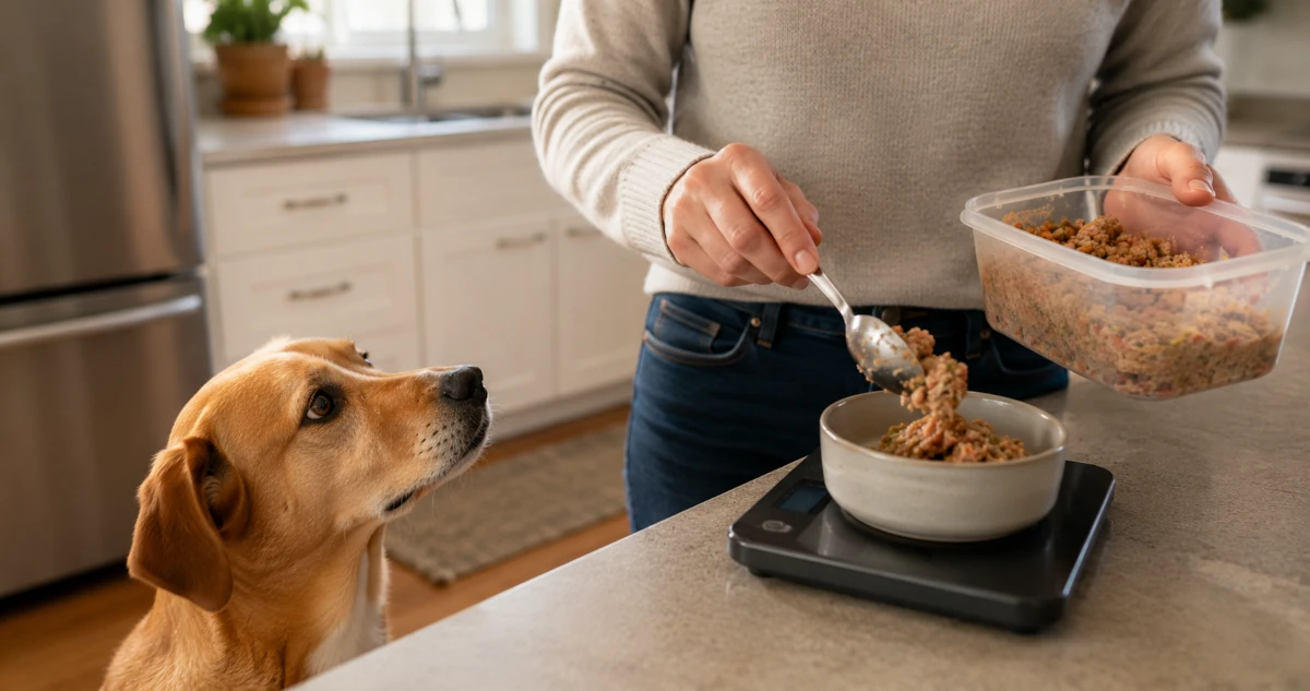 A person portioning fresh dog food from a refrigerated pack onto a digital kitchen scale while a dog waits nearby