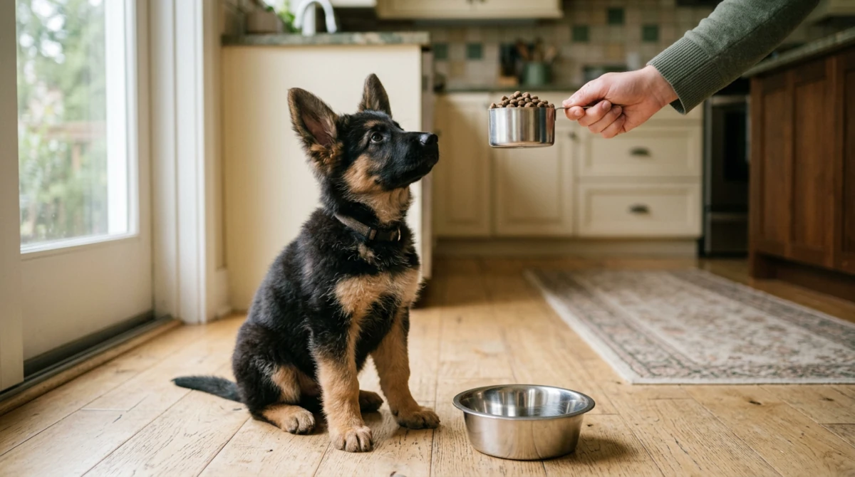 A 12-week-old German Shepherd puppy beside its bowl, looking up at a measuring cup of large-breed puppy kibble