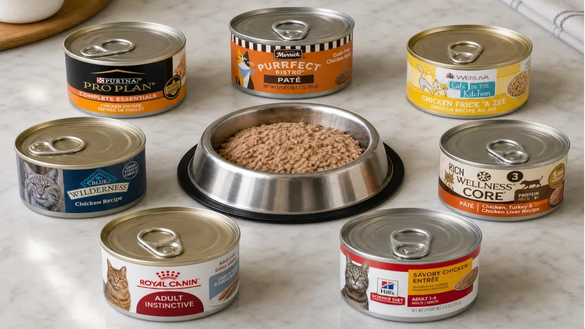 7 premium canned cat food cans arranged around a stainless steel cat food bowl on a kitchen counter