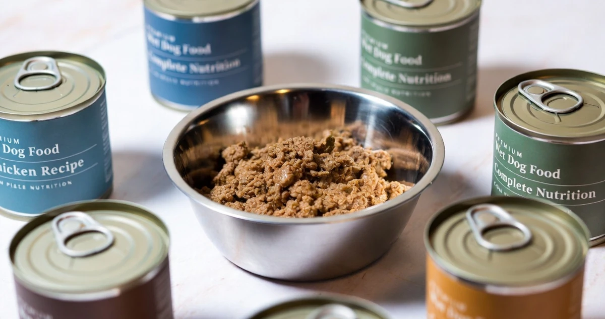 Seven premium canned dog food cans arranged around a stainless steel dog bowl on a white surface