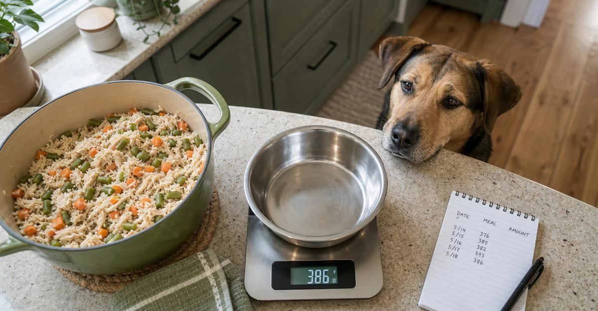 A bowl of home-cooked chicken, rice, and vegetables on a kitchen scale while a dog watches from the counter edge