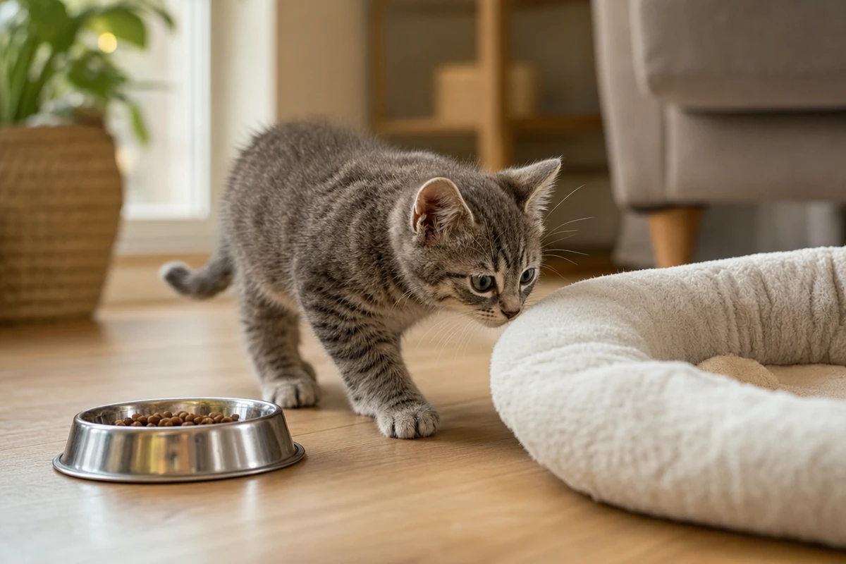 A young kitten in a home setting, illustrating what a new kitten needs in its first weeks