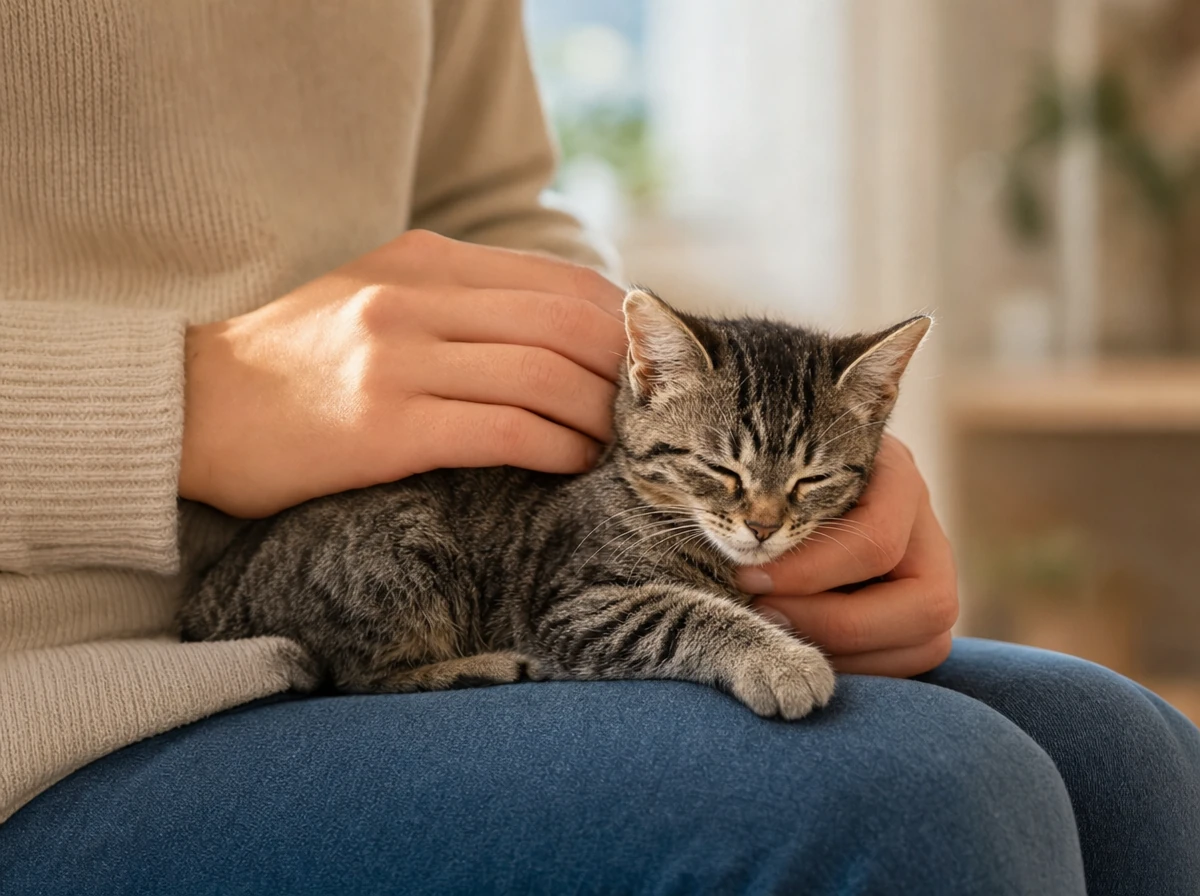 A person gently holding and petting a young kitten on their lap during a calm handling session