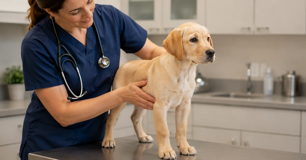 A veterinarian checking a Labrador puppy's body condition by feeling its ribcage during a wellness exam