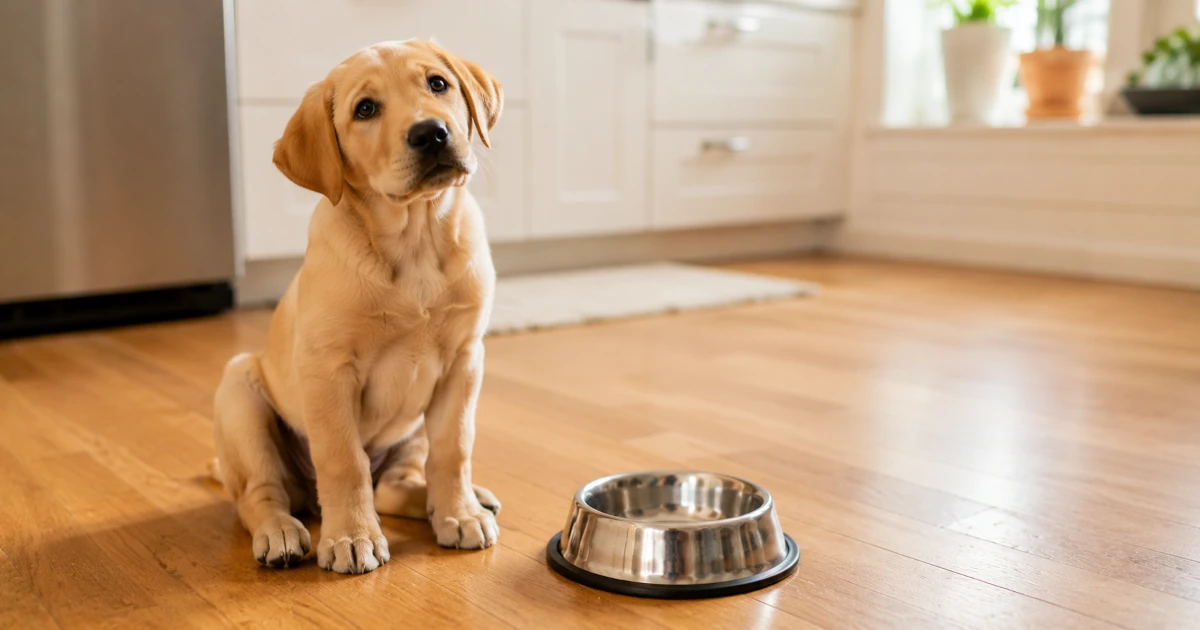 A Labrador Retriever puppy sitting beside a stainless steel food bowl on a kitchen floor