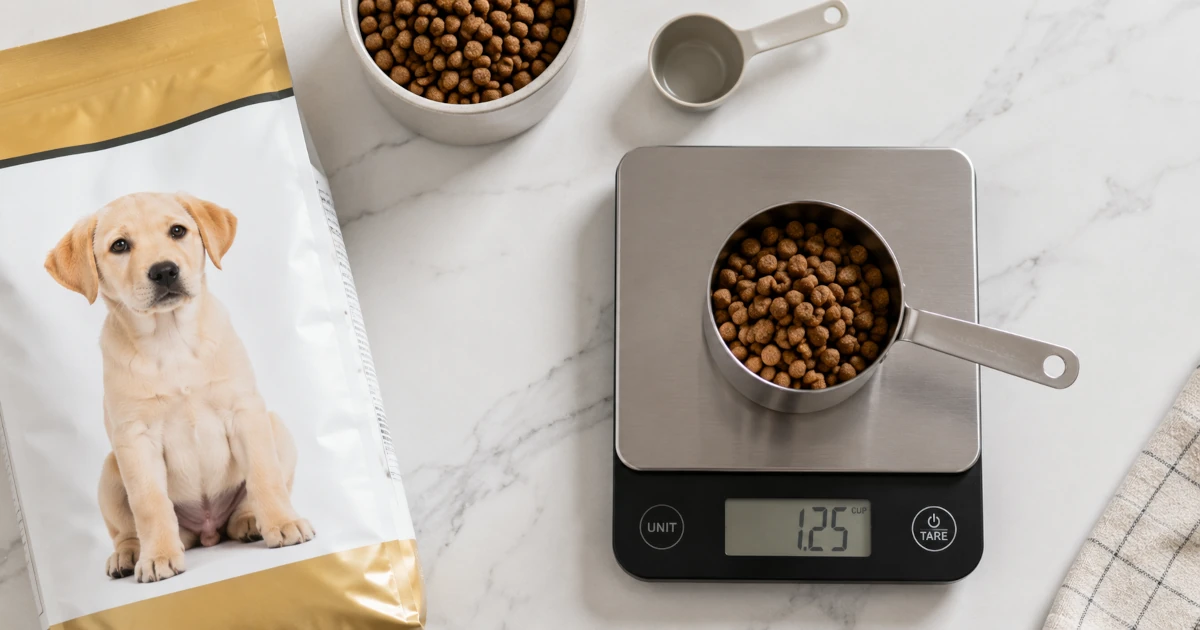 A kitchen scale weighing dry puppy kibble into a measuring cup next to a bag of large-breed puppy food