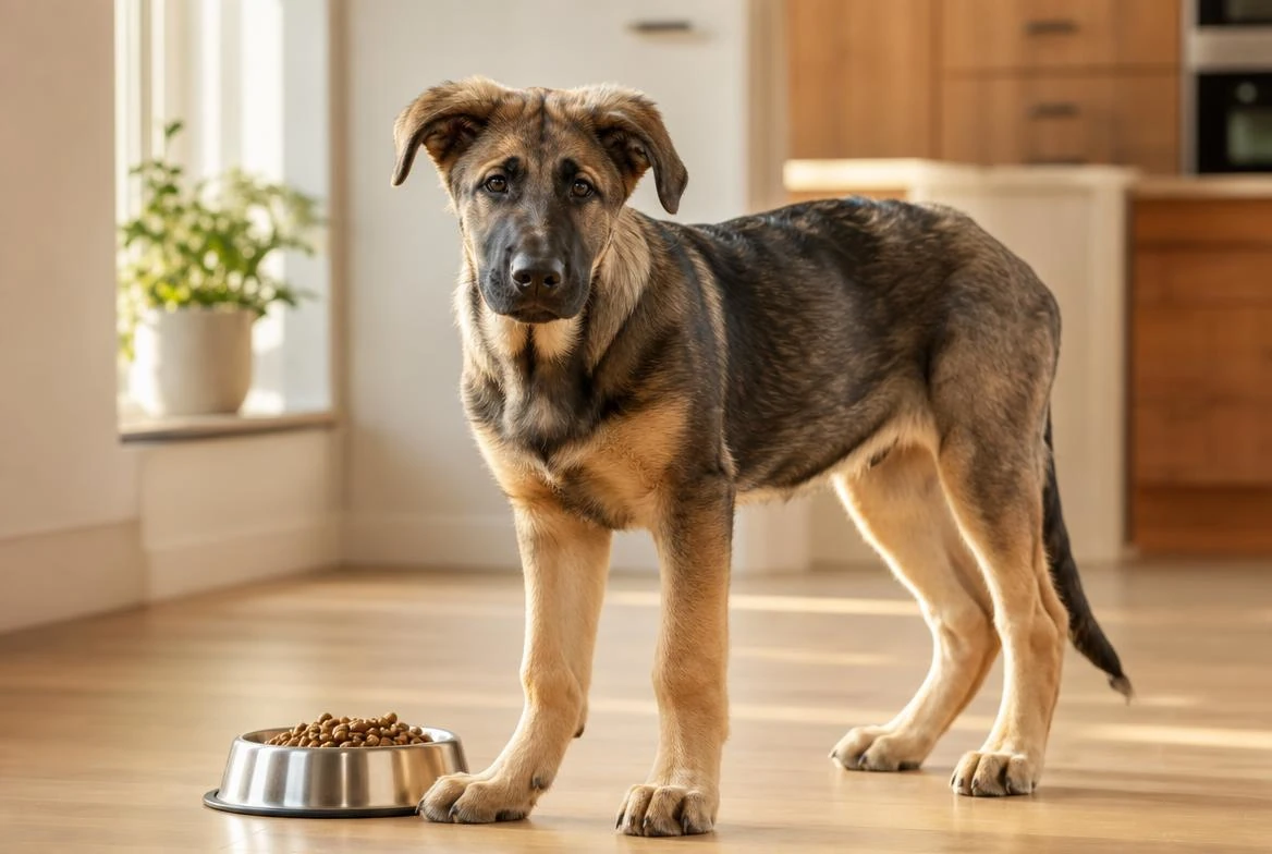 A large-breed puppy, illustrating growth-stage feeding schedules