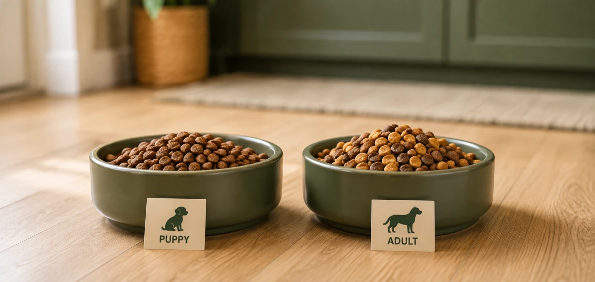Two dog food bowls showing a gradual mix of puppy and adult kibble during a food transition