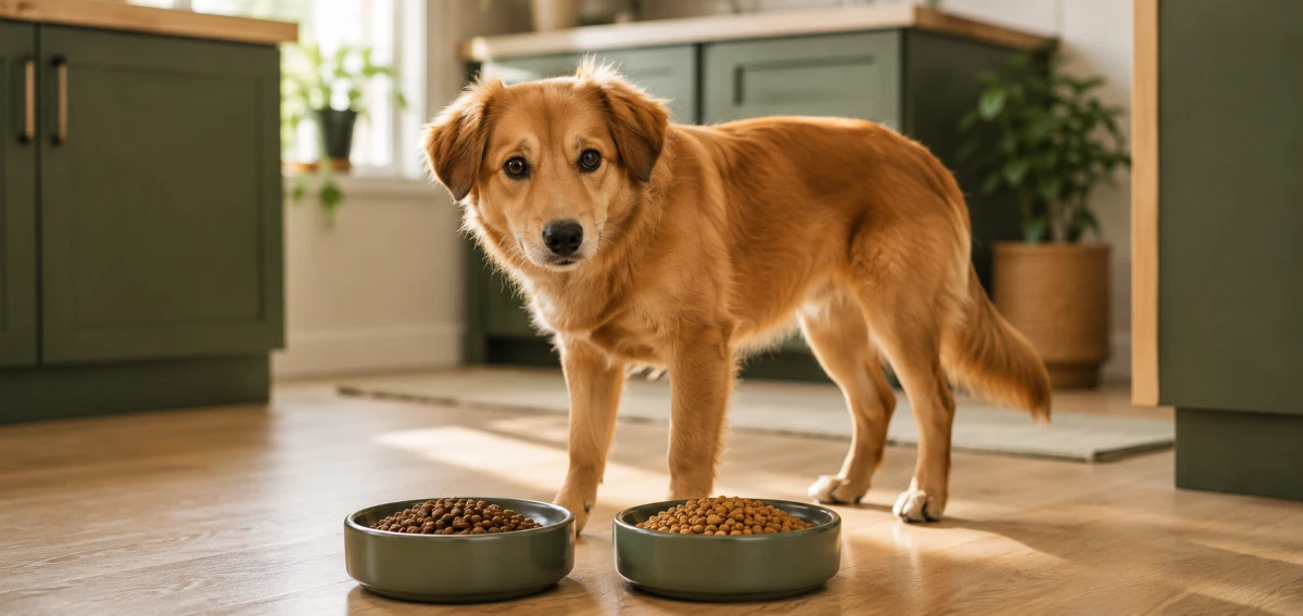 A young dog standing beside two bowls of kibble during a puppy to adult food transition