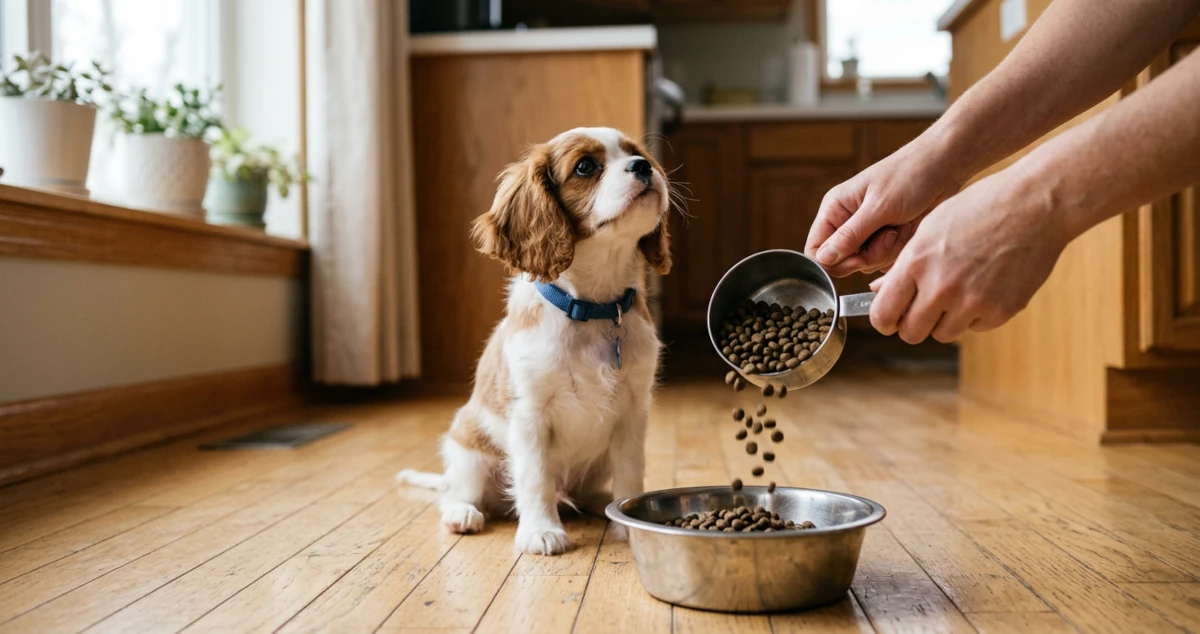 A 10-week-old puppy watching a person pour a measured cup of kibble into a steel bowl on a kitchen floor