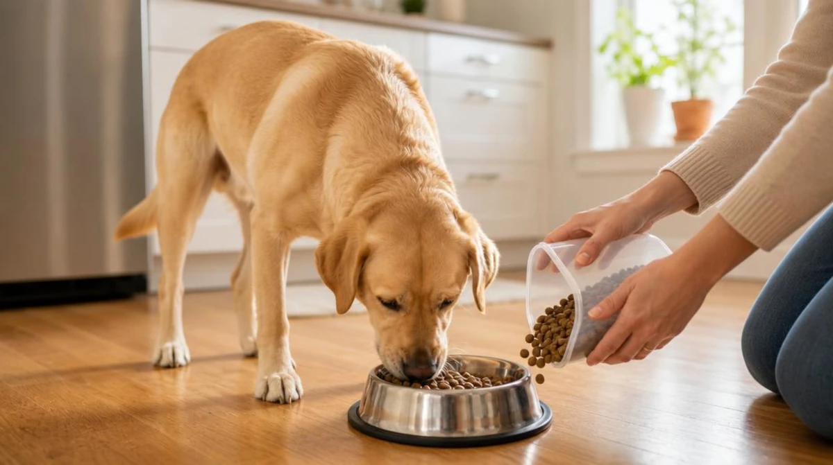 Dog eating from a bowl during a gradual food transition