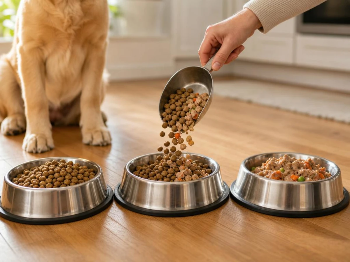 Two dog food bowls being gradually combined, showing old kibble and new food mixed together during a transition