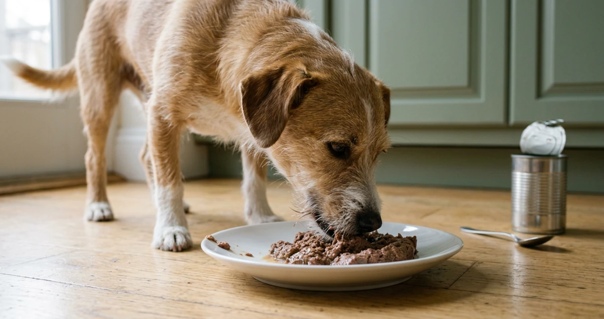 A tan and white dog eating wet dog food from a white plate on a kitchen floor beside an opened can and a spoon
