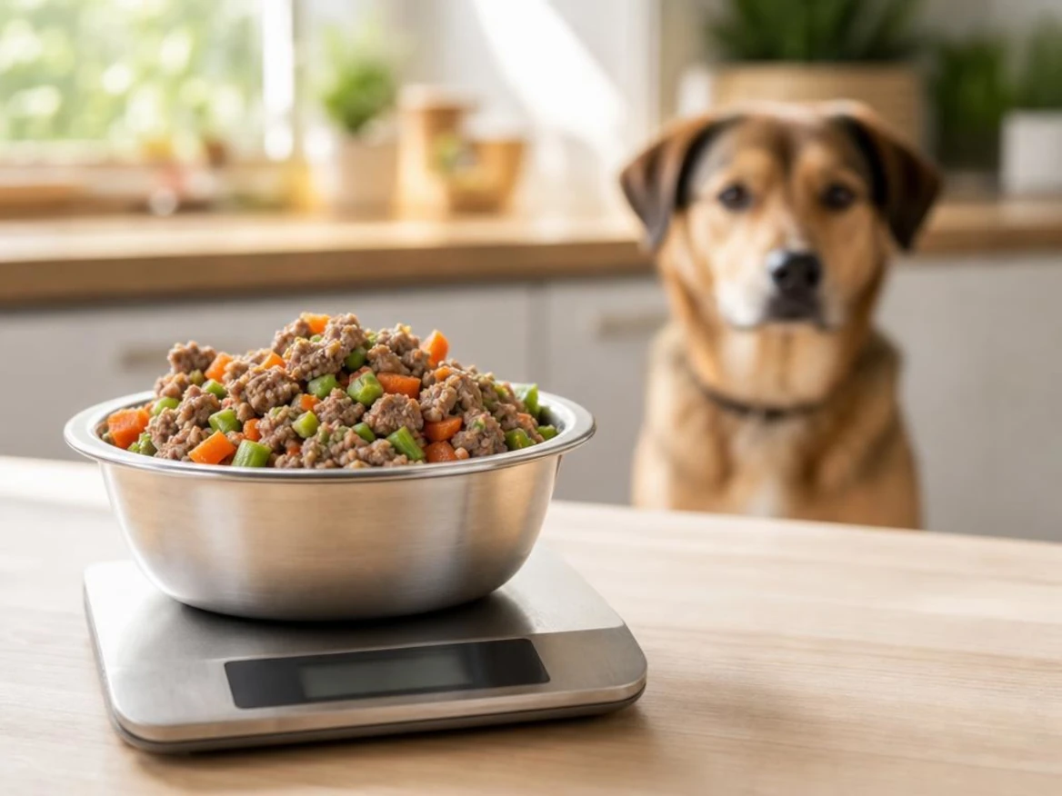 A dog beside a bowl of fresh food, illustrating fresh food portions